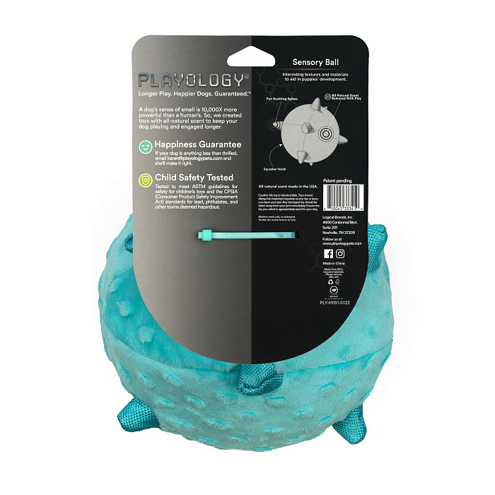Сенсорный плюшевый мяч Playology PUPPY SENSORY BALL 15 см для щенков средних и крупных пород 8-16 недель с ароматом арахиса, цвет голубой СКИДКА 50%