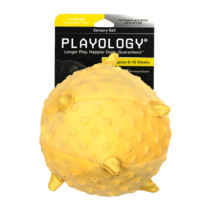 Сенсорный плюшевый мяч Playology PUPPY SENSORY BALL 15 см для щенков средних и крупных пород 8-16 недель с ароматом курицы, цвет желтый СКИДКА 50%