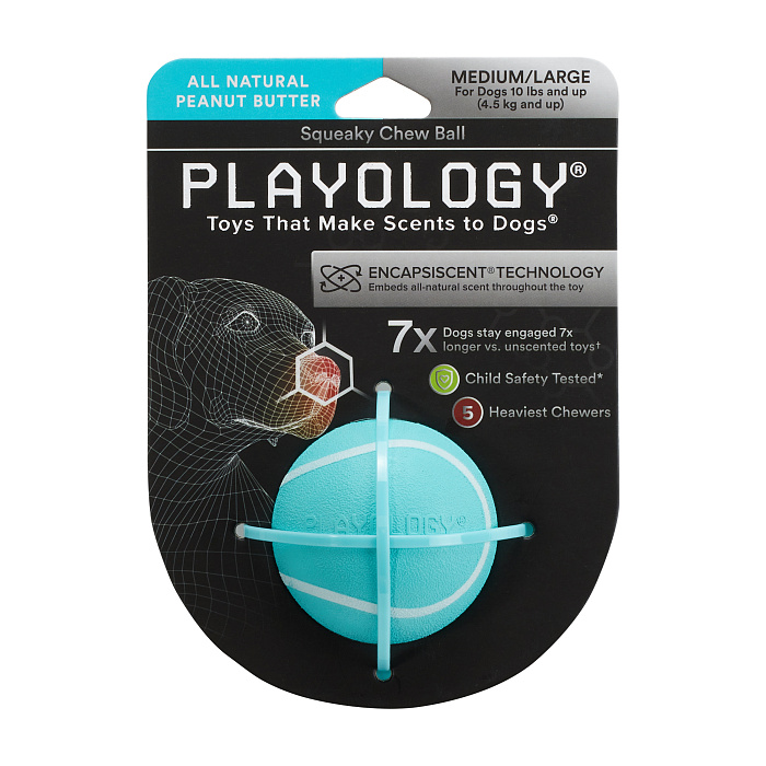 Playology  жевательный мяч SQUEAKY CHEW BALL 6 см для собак мелких и средних пород с пищалкой и с ароматом арахиса, цвет голубой СКИДКА 50%