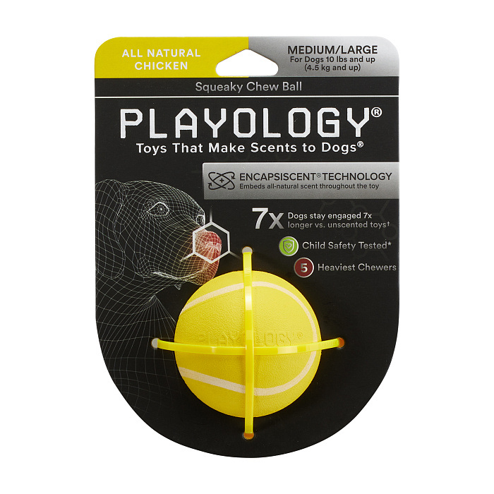 Playology  жевательный мяч SQUEAKY CHEW BALL 6 см для собак мелких и средних пород с пищалкой и с ароматом курицы, цвет желтый СКИДКА 50%