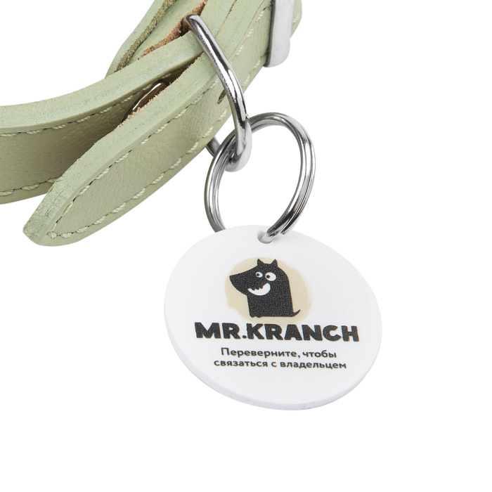 Ошейник Mr.Kranch для собак из натуральной кожи с QR-адресником 20-24см нежно-зеленый СКИДКА 50%