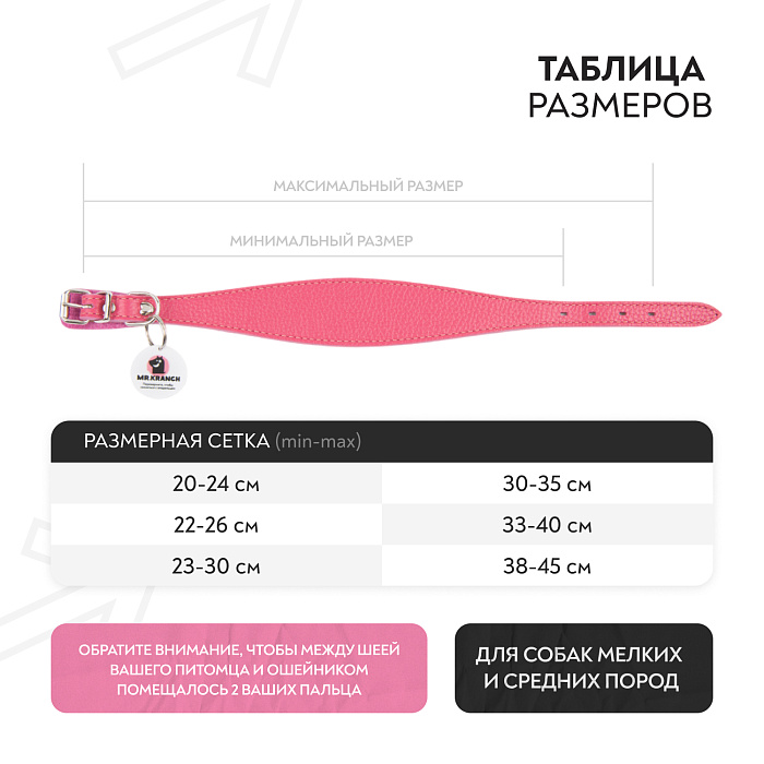Ошейник-селедка Mr.Kranch для собак из натуральной кожи с QR-адресником 19-23см розовый СКИДКА 50%