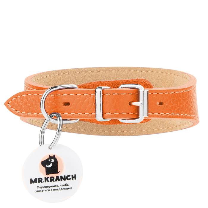 Ошейник-селедка Mr.Kranch для собак из натуральной кожи с QR-адресником 21-25см оранжевый СКИДКА 50%