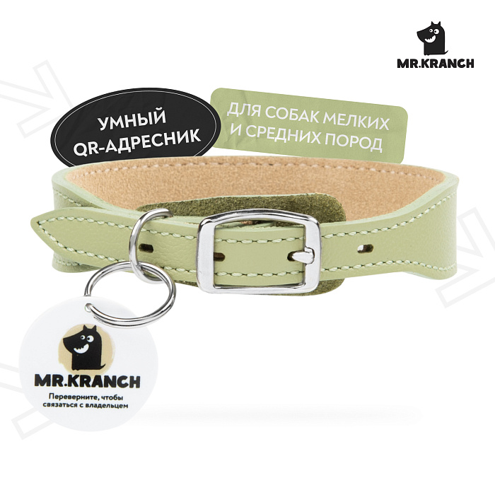 Ошейник Mr.Kranch для собак из натуральной кожи с QR-адресником 33-40см нежно-зеленый СКИДКА 50%