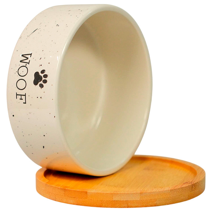 Миска Mr.Kranch Bamboo WOOF керамическая белая на бамбуковой подставке 860 мл СКИДКА 40%