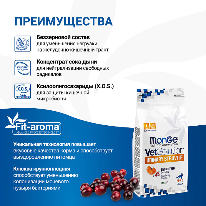 Диетический корм Monge VetSolution Cat Urinary Struvite Уринари Струвит при заболеваниях мочеполовой системы и струвитном течении МКБ 1,5 кг
