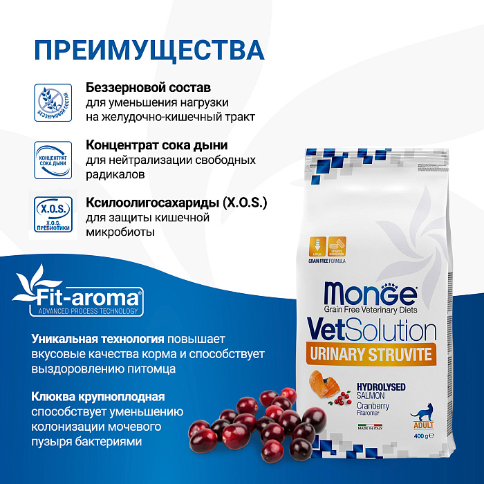 Диетический корм Monge VetSolution Cat Urinary Struvite Уринари Струвит при заболеваниях мочеполовой системы и струвитном течении МКБ 400 г
