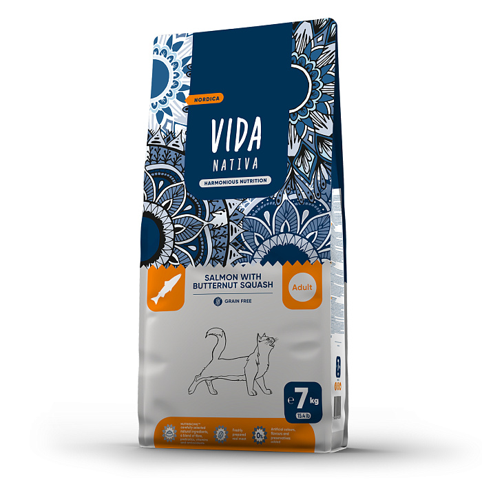 Сухой корм VIDA NATIVA для взрослых кошек из лосося с мускатной тыквой 7 кг