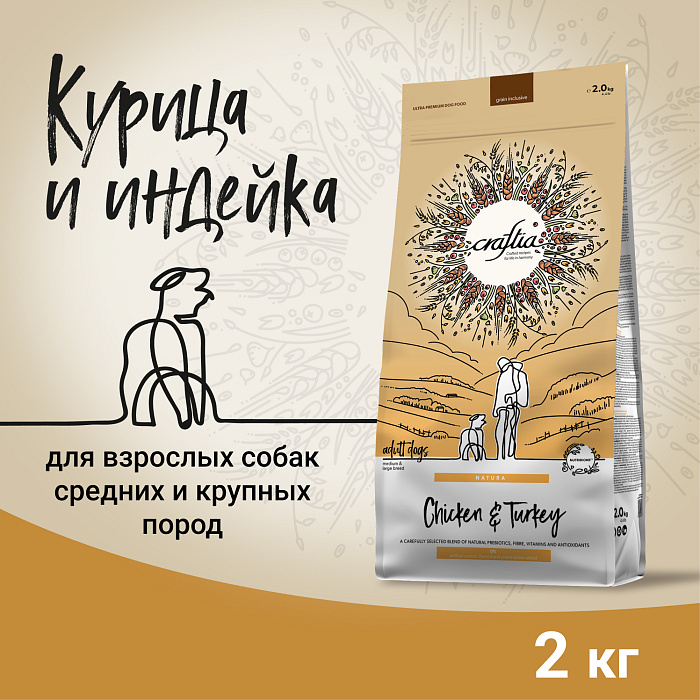 Сухой корм CRAFTIA NATURA для взрослых собак средних и крупных пород из курицы и индейки 2 кг