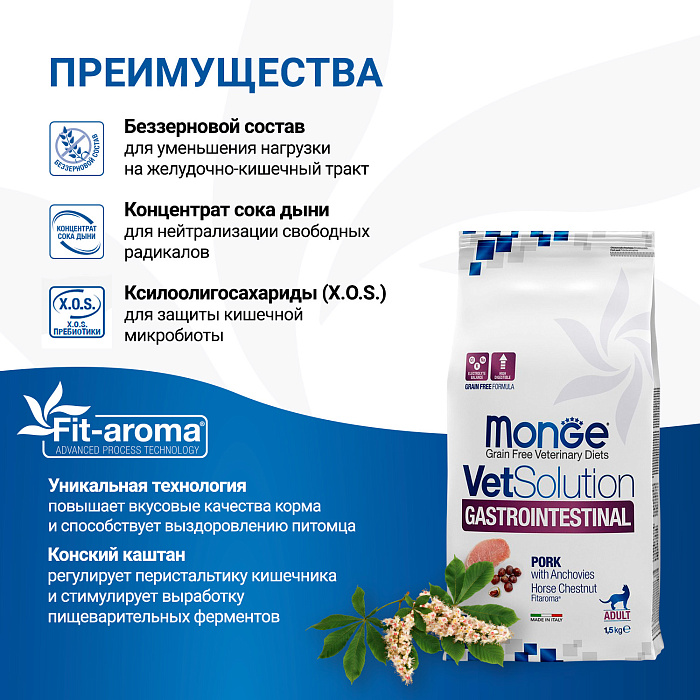 Диетический корм Monge VetSolution Cat Gastrointestinal гастро интестинал для кошек при заболеваниях ЖКТ 1,5 кг