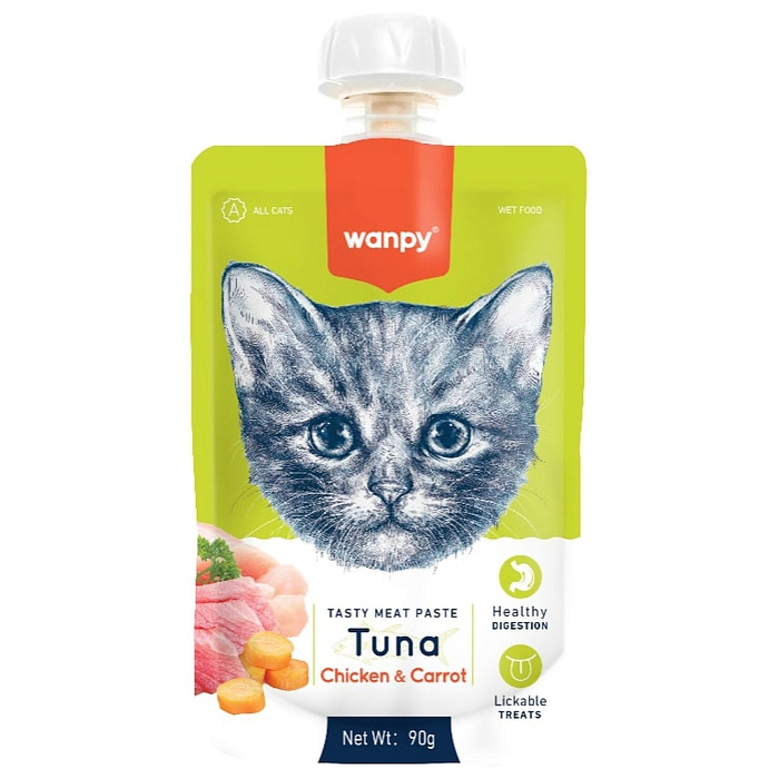 Wanpy Cat Лакомство для кошек Мясной мусс из тунца и курицы с морковью 90 г