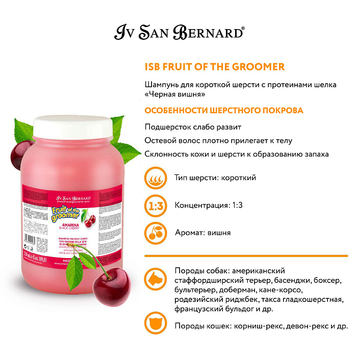 ISB Fruit of the Groomer Black Cherry Шампунь для короткой шерсти с протеинами шелка 3,25 л СКИДКА 40%