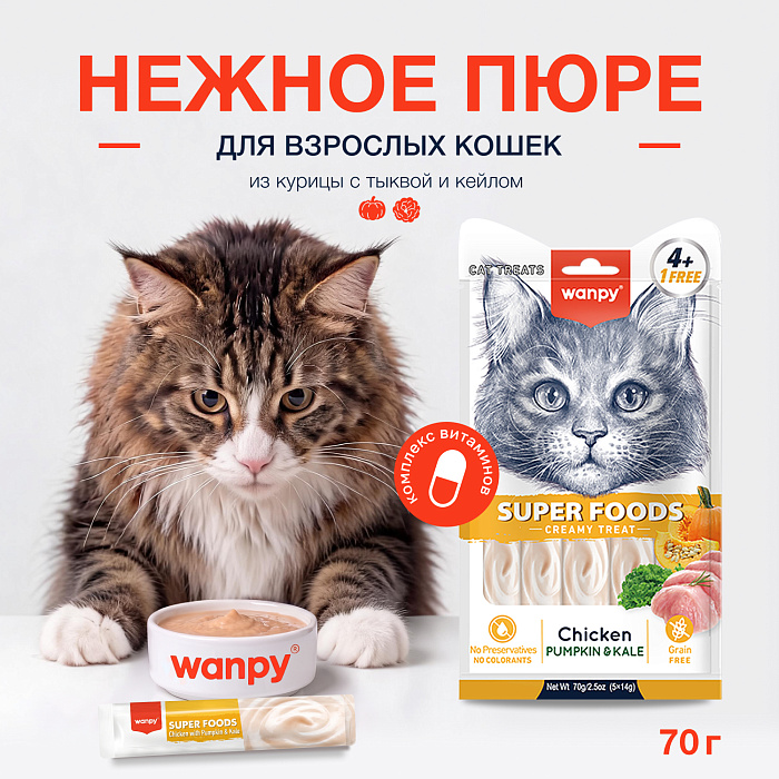 Wanpy Cat Лакомство для кошек «нежное пюре» из курицы с тыквой и кейлом 70 г