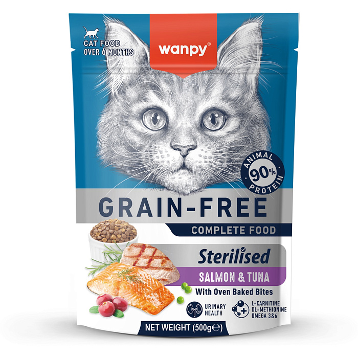 Сухой корм Wanpy Cat беззерновой с лососем и тунцом для стерилизованных кошек 500 г