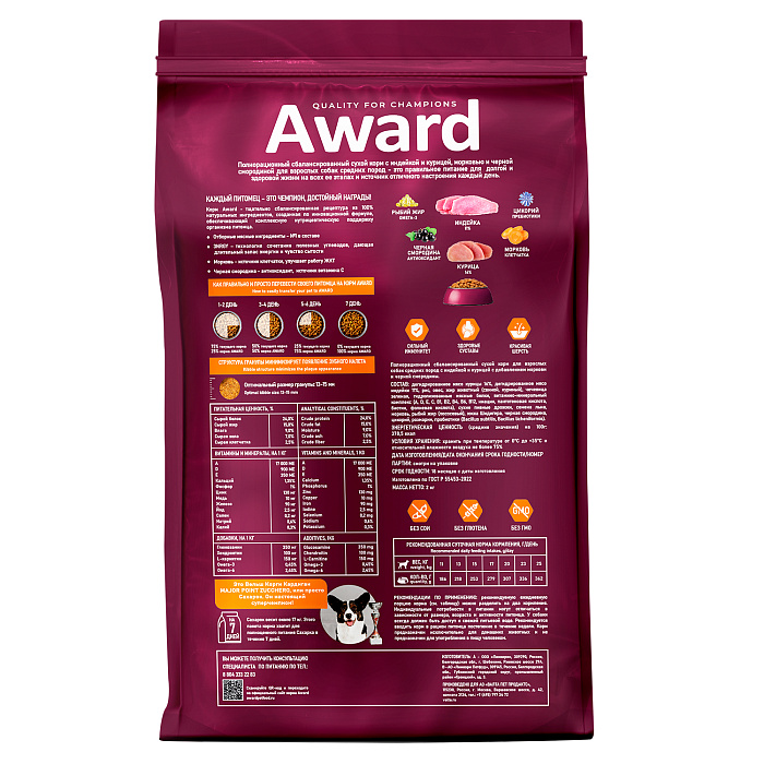 Сухой корм AWARD для взрослых собак средних пород с индейкой и курицей с добавлением моркови и черной смородины 2кг