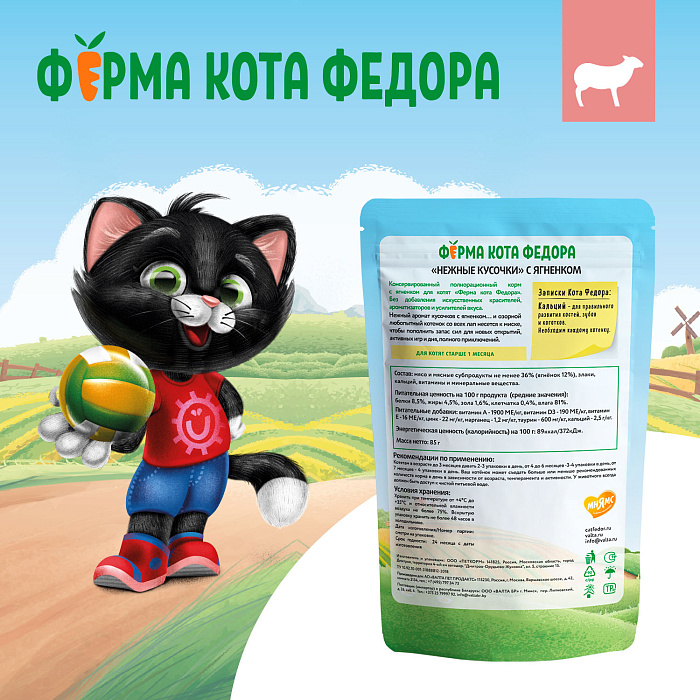 Влажный корм Ферма кота Фёдора нежные кусочки в желе с ягненком для котят 85г