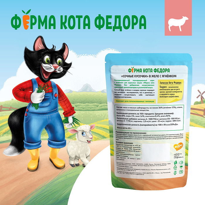 Влажный корм Ферма кота Фёдора сочные кусочки в желе для кошек с ягненком 85г