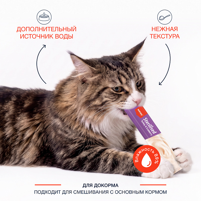 Wanpy Cat Лакомство для стерилизованных кошек «нежное пюре» из тунца с клюквой 70 г
