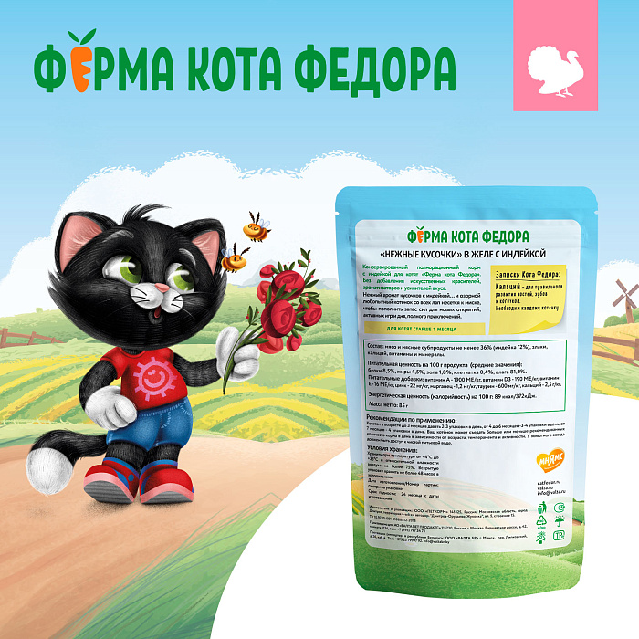 Влажный корм Ферма кота Фёдора нежные кусочки в желе с индейкой для котят 85г