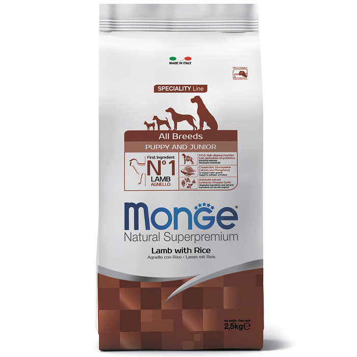 Сухой корм Monge Dog Speciality Line Puppy&Junior для щенков всех пород, из ягненка с рисом 2,5 кг