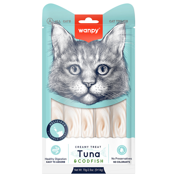 Wanpy Cat Лакомство для кошек «нежное пюре» из тунца и трески 70 г