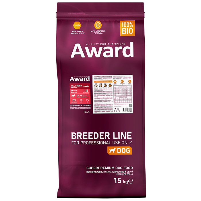 Сухой корм AWARD PFB для щенков от 1 месяца, беременных и кормящих сук всех пород с ягненком и индейкой с добавлением яблока и черники 15 кг