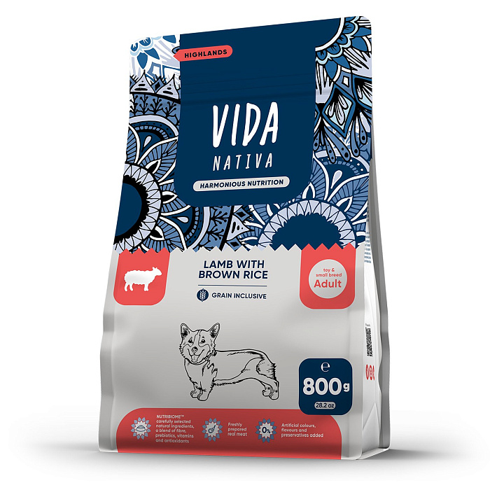 Сухой корм VIDA NATIVA для взрослых собак миниатюрных и мелких пород из ягненка с бурым рисом 800 г