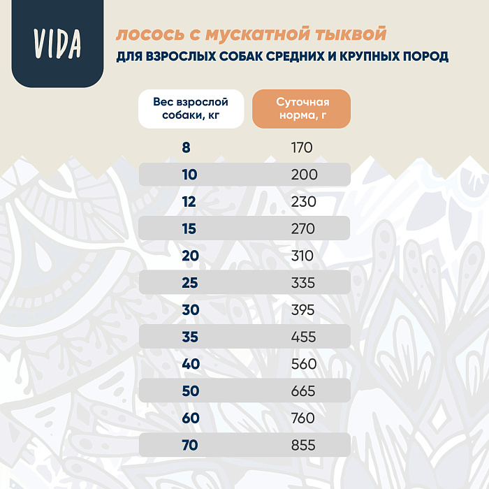 Сухой корм VIDA NATIVA для взрослых собак средних и крупных пород из лосося с мускатной тыквой 12 кг