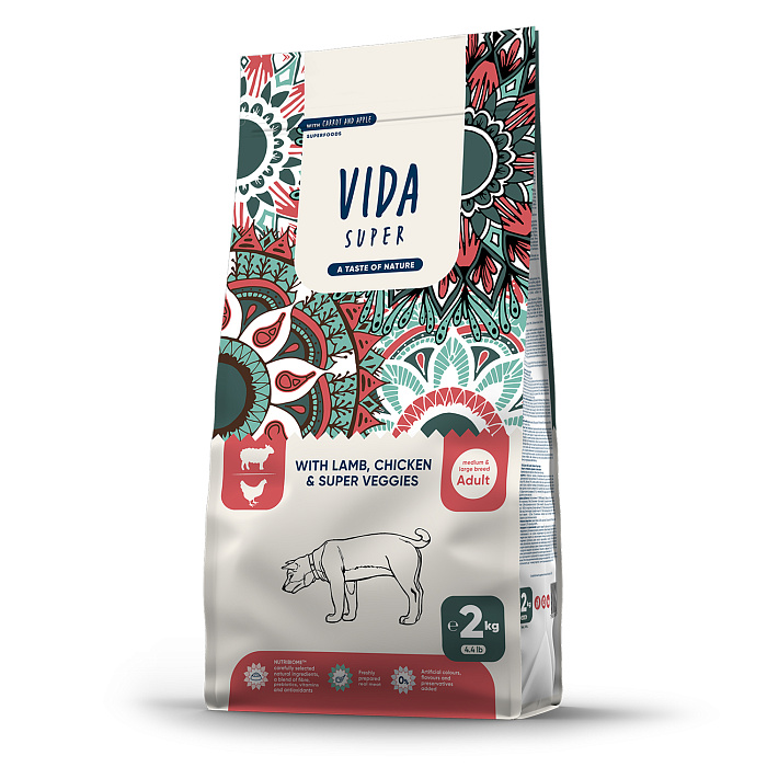Сухой корм VIDA SUPER для взрослых собак средних и крупных пород из ягненка и курицы с овощами 2 кг