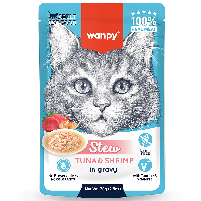 Wanpy Cat Дополнительный консервированный корм пауч для кошек тунец и креветки в собственному соку 70 г