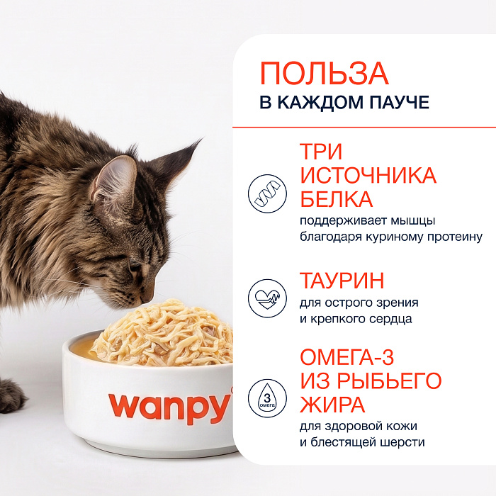 Wanpy Cat Дополнительный консервированный корм пауч для кошек тунец и креветки в собственному соку 70 г