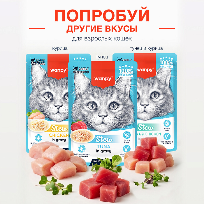 Wanpy Cat Дополнительный консервированный корм пауч для кошек тунец и креветки в собственному соку 70 г