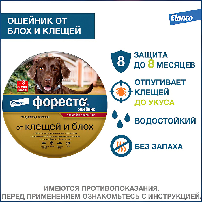 Bayer Форесто ошейник от клещей и блох для собак более 8 кг, 70 см