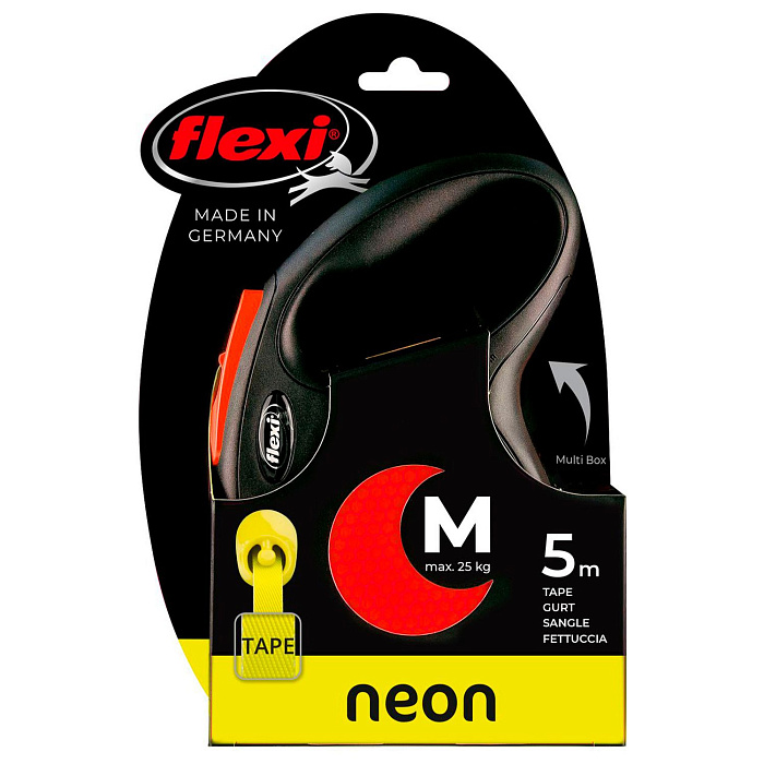 flexi рулетка Neon New M (до 25 кг) лента 5 м, светоотражающая, оранжевый неон
