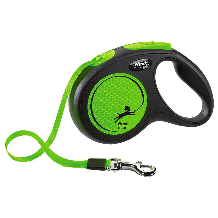 flexi рулетка Neon New M (до 25 кг) лента 5 м, светоотражающая, зеленый неон