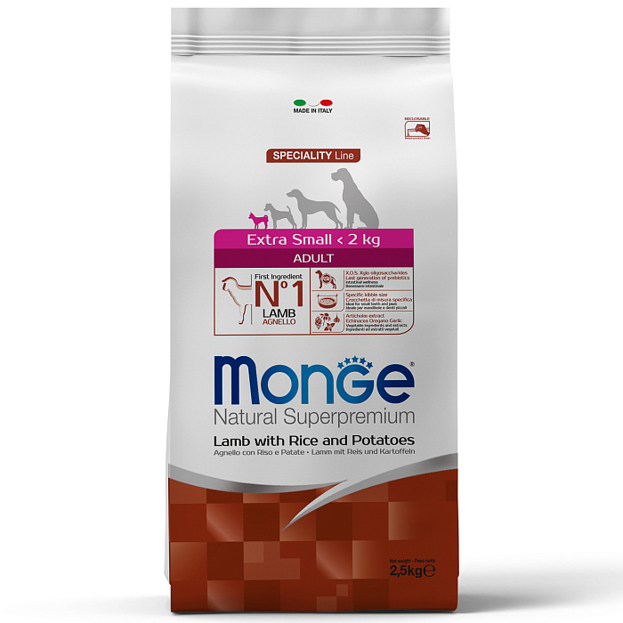 Сухой корм Monge Dog Speciality Line Extra Small для взрослых собак миниатюрных пород, из ягненка с рисом и картофелем 2,5 кг