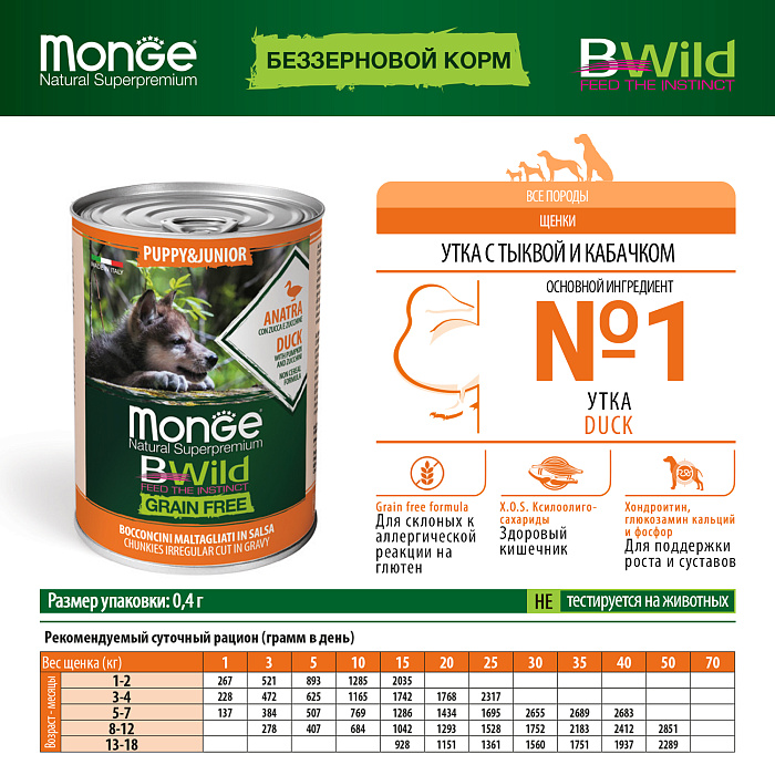 Влажный корм Monge Dog BWild GRAIN FREE Puppy&Junior для щенков и беременных собак, беззерновой, из утки с тыквой и кабачками, консервы 400 г