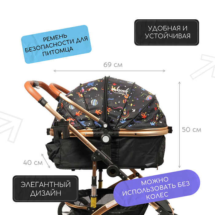Коляска прогулочная Mr.Kranch для собак и кошек большая с амортизацией (макс. нагрузка 20 кг) разноцветная