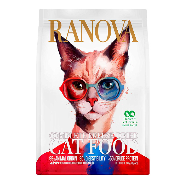 Полнорационный сухой (сублимированный) корм Ranova для кошек с курицей и говядиной, 200 г