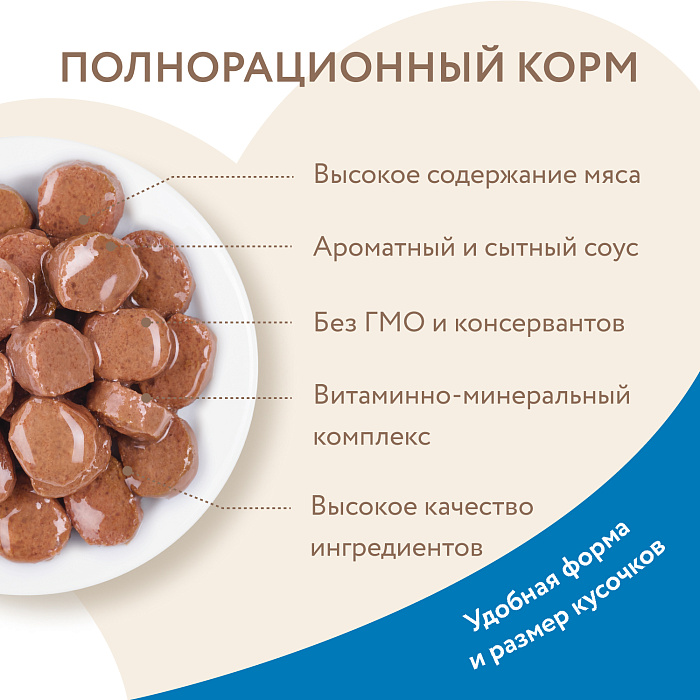 Влажный корм Мнямс На каждый день Кусочки в соусе с форелью для красивой шерсти кошек 85 г