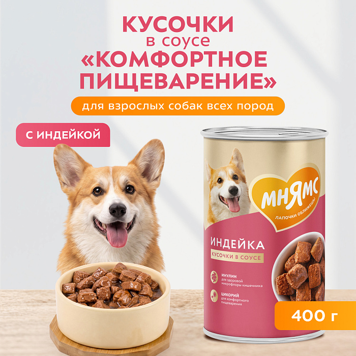 Влажный корм Мнямс На каждый день Кусочки в соусе с индейкой для собак всех пород «КОМФОРТНОЕ ПИЩЕВАРЕНИЕ", 400 г