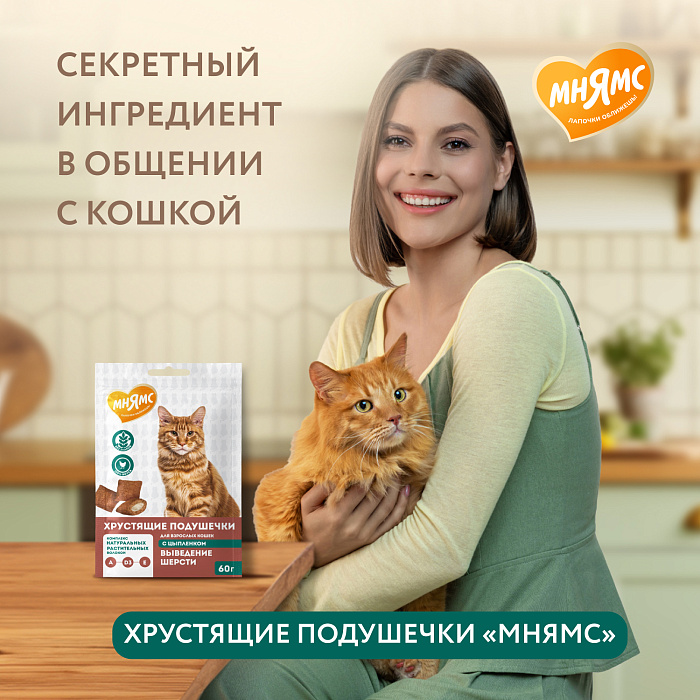 Лакомство Мнямс "Выведение шерсти" хрустящие подушечки для кошек с цыпленком 60 г.