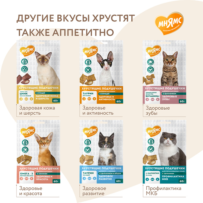 Лакомство Мнямс "Выведение шерсти" хрустящие подушечки для кошек с цыпленком 60 г.