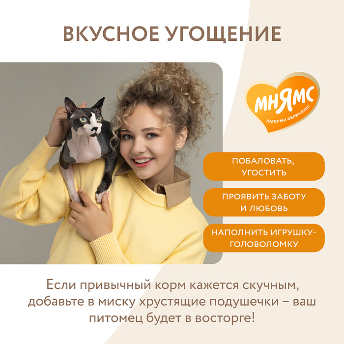 Лакомство Мнямс "Здоровье и активность" хрустящие подушечки для кошек с курицей 60 г.
