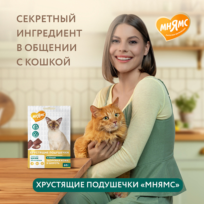 Лакомство Мнямс "Здоровая кожа и шерсть" хрустящие подушечки для кошек с птицей 60 г.