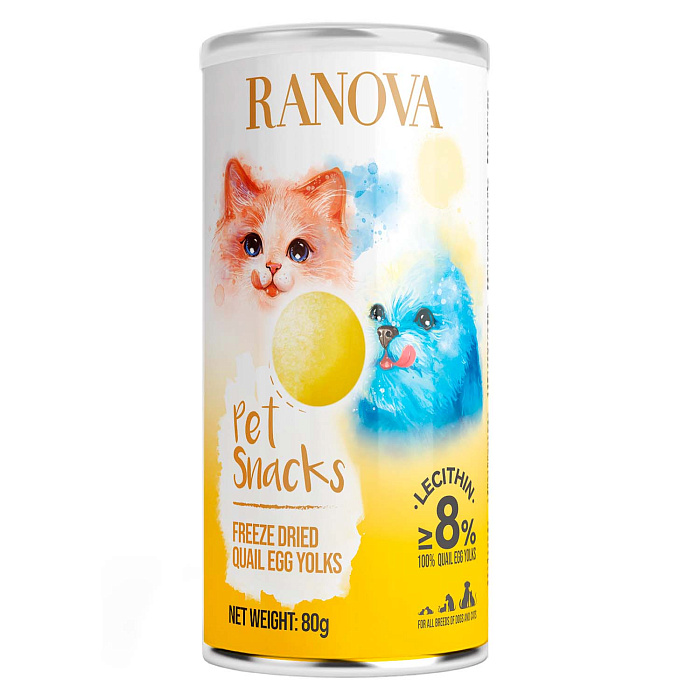 Лакомство Ranova для кошек и собак Сублимированный желток перепелиного яйца, 80 г