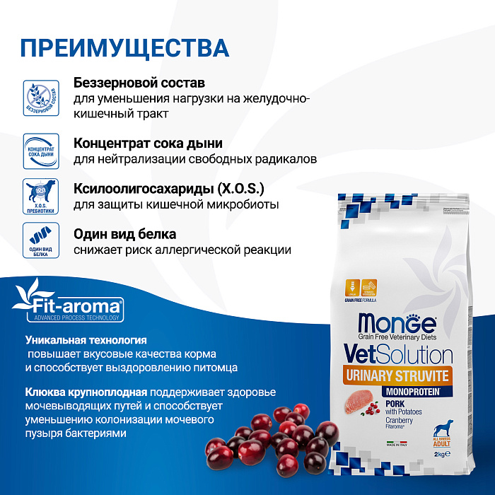 Диетический корм Monge VetSolution Dog Urinary Struvite Уринари Струвит для собак при заболеваниях мочеполовой системы и струвитном течении МКБ 2 кг