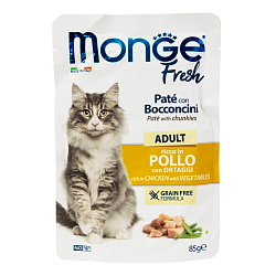 Влажный корм Monge Cat Fresh для кошек, паштет с кусочками курицы и овощами, паучи 85 г