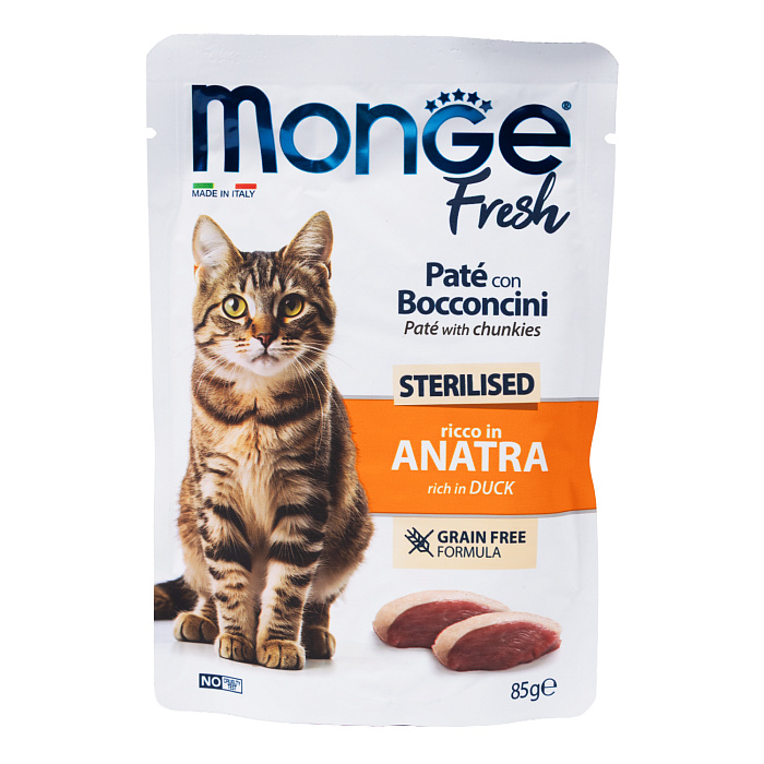 Влажный корм Monge Cat Fresh для стерилизованных кошек, с уткой, паучи 85 г