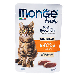 Влажный корм Monge Cat Fresh для стерилизованных кошек, с уткой, паучи 85 г